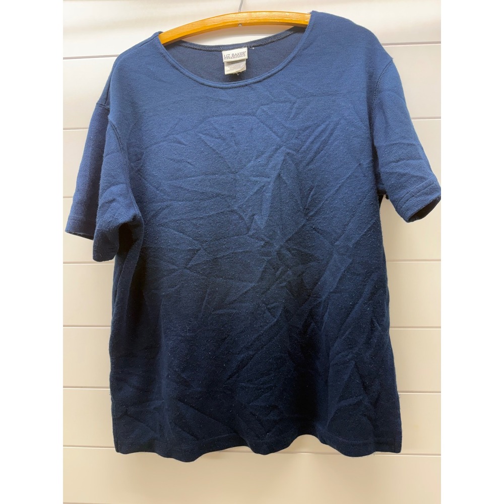 Liz Baker Essentials Navy Blue Short Sleeve Knit Crew Neck Top Womens Large